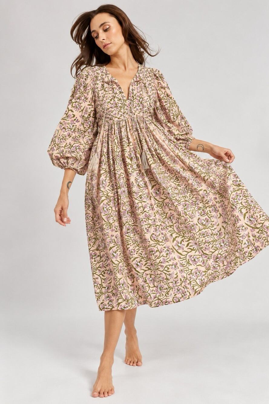 MILLE Resort & Travel Floral Cotton Midi Dress Large L Puff Sleeve Boho